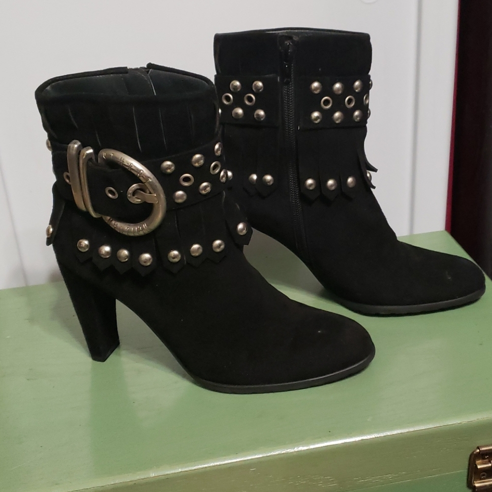 Stuart Weitzman Suede Stud, Fringe Buckle Booties